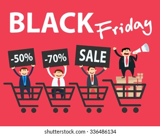 Black friday. business man with megaphone announcing a shopping sale.men with price tags.shopping carts.