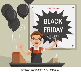 Black Friday, Business Owner Opened. Smiling and enthusiastic price Welcome customers.big sale time.Black balloons and discounted price tags. Trading concept. vector illustration. Isolated.