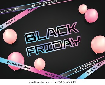 Black friday for business promotion sales and Discount online shopping web cover background. 3d rendering percentage on red and pink balloon colorful on black background