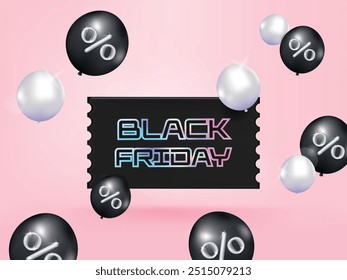 Black friday for business promotion sales and Discount online shopping web cover background. 3d rendering percentage on red and silver balloon colorful on black background