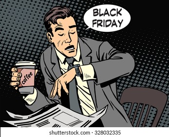 Black Friday businessman in cafe pop art retro style