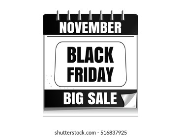 Black Friday calendar. November. Wall calendar. Black calendar isolated on white background. Vector illustration