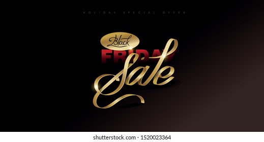 Black Friday. Calligraphic handmade lettering Black Friday, the color ribbon gold luxury. Advertising Poster design. Vector illustration.