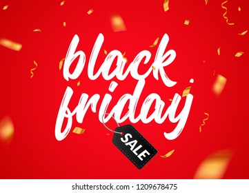 Black Friday Calligraphic typography vector design confetti. Black friday sale offer template promo banner.