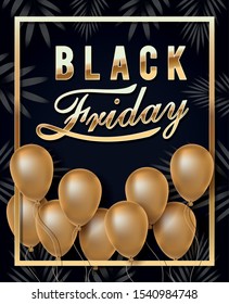 black friday calligraphy in golden frame with balloons helium vector illustration design