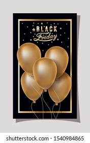 black friday calligraphy in golden frame with balloons helium vector illustration design