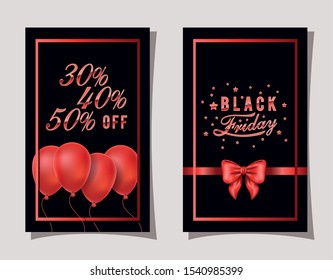 black friday calligraphy in red color frame and balloons helium vector illustration