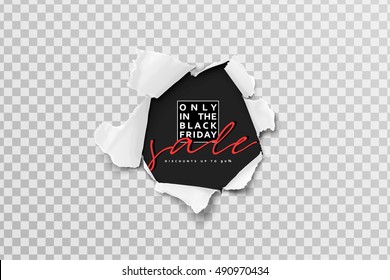 Black friday, card for sale beautiful design is illustrated with torn paper gap. Big sale discount selling tag, posters promotional material. Text handmade calligraphy.