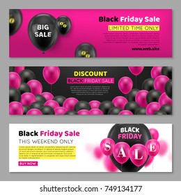 Black Friday cards with balloon. Three invitations for great seasonal sale, horizontal. Black air gasbag with percentage sign on ticket. Advertising banner on pink, black and white background