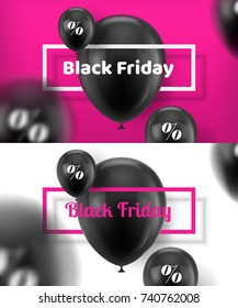 Black Friday cards with balloon. Two posters for great seasonal sale. Vector air balloon with percentage sign and frame for text template. Advertising banner for sellers on white and pink background