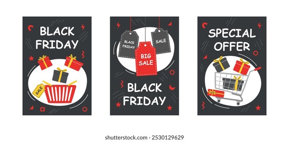 Black Friday cards set. Black Friday sale elements, gift boxes, shopping cart, basket and tags. Vector illustration design templates.