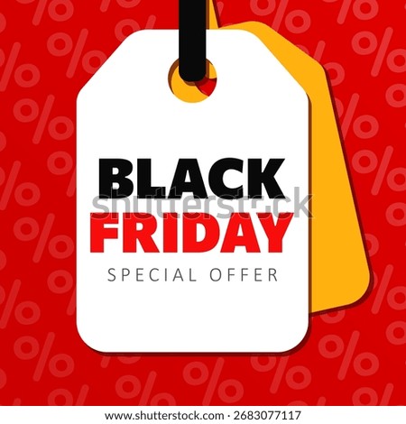 Black Friday cartoon flat banner with white price tag on red background with percent symbols pattern. Advertisement poster with minimalist modern shopping discount label with sale promotion bold text
