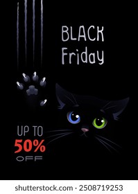 Black Friday. Black cat with eyes of different colors on the black background scratched surface with claws and sales text. Vector illustration.