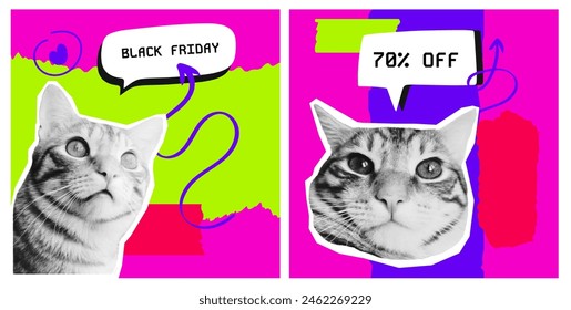 Black Friday Cat Posters with Vibrant Pop Art halftone collage Design