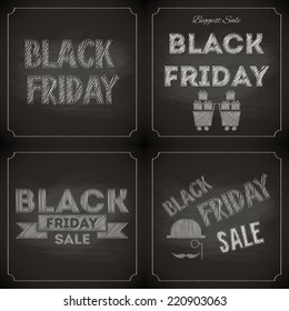 Black Friday Chalkboard Design with Chalk Texture. Set of Stickers. Vector Illustration.