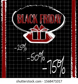 black friday chancellery advertisement design on notebook page background with gift box and handwriting discount tags: -25%, -50%, -75%