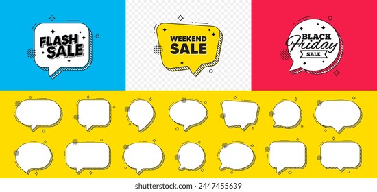 Burbuja de discurso de chat de Black Friday. Etiqueta de fin de semana. Oferta especial Precio de señal. Símbolo de descuentos publicitarios. Mensaje de chat de venta de fin de semana. Anuncio de burbujas de discurso de venta flash. Ofrecer globo de texto. Vector