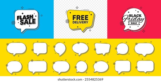 Black friday chat speech bubble. Free delivery tag. Shipping and cargo service message. Business order icon. Free delivery chat message. Flash sale speech bubble banner. Offer text balloon. Vector