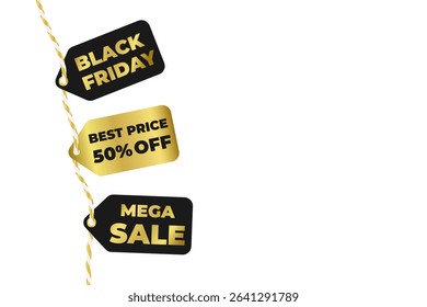 Black Friday, Christmas, New Year realistic tag with bow and ribbon. Gold, black background Mega Sale 50% off, Half price with cotton golden rope baker twine. Isolated vector on transparent EPS10 - Powered by Shutterstock - Get 15% off with code: PIKWIZARD15