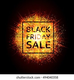 Black Friday. Christmas sale, discounts. The text on the background of the cloud of explosion of light and dust. Bright gold advertising banner. Vector illustration