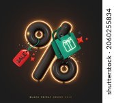 Black Friday. Christmas sale. New Year discounts. Realistic 3d objects design, Dark big percentage sign. Green Shopping bag. Fashion Stylish trendy background. Valentine's Day. Vector illustration