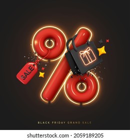 Black Friday. Christmas sale. New Year discounts. Realistic 3d objects design, Red big percentage sign. Dark Shopping bag. Fashion Stylish trendy background. Valentine's Day. Vector illustration
