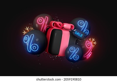 Black Friday. Christmas sale. New Year discounts. Realistic 3d objects design, pink gift box, dark balloons, glittering confetti, neon percent light. Holiday surprise and present. Vector illustration