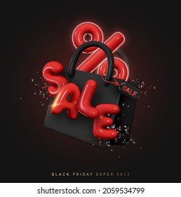 Black Friday. Christmas sale. New Year discounts. Realistic 3d objects design, red big percentage sign. Dark Shopping bag. Fashion Stylish trendy background. Valentine's Day. Vector illustration