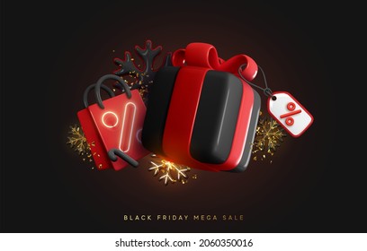 Black Friday. Christmas sale. New Year discounts. Realistic 3d objects design, red gift box, dark snowflake, glittering confetti, Shopping bag. Holiday surprise and present. Vector illustration