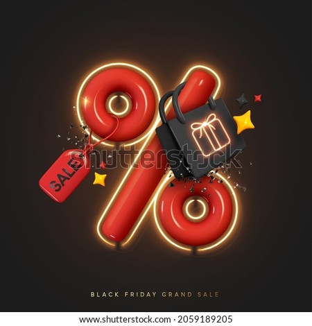 Black Friday. Christmas sale. New Year discounts. Realistic 3d objects design, Red big percentage sign. Dark Shopping bag. Fashion Stylish trendy background. Valentine's Day. Vector illustration