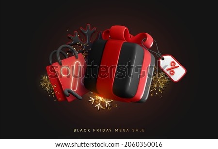 Black Friday. Christmas sale. New Year discounts. Realistic 3d objects design, red gift box, dark snowflake, glittering confetti, Shopping bag. Holiday surprise and present. Vector illustration