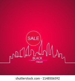 Black Friday in the City the Perfect Sale. White Ribbon Banner in Flat Style on a Black Background with an Abstract City Skyline with Loading Bar. Vector Illustration