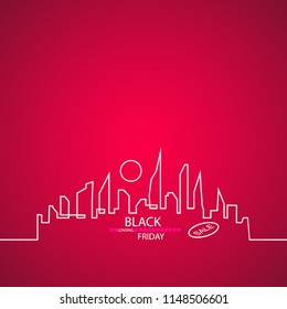 Black Friday in the City the Perfect Sale. White Ribbon Banner in Flat Style on a Black Background with an Abstract City Skyline with Loading Bar. Vector Illustration