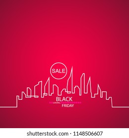 Black Friday in the City the Perfect Sale. White Ribbon Banner in Flat Style on a Black Background with an Abstract City Skyline with Loading Bar. Vector Illustration