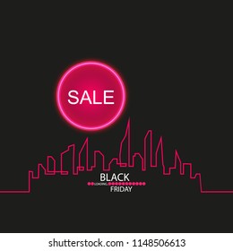 Black Friday in the City the Perfect Sale. White Ribbon Banner in Flat Style on a Black Background with an Abstract City Skyline with Loading Bar. Vector Illustration