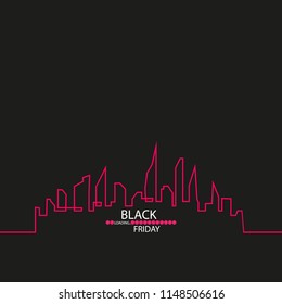 Black Friday in the City the Perfect Sale. White Ribbon Banner in Flat Style on a Black Background with an Abstract City Skyline with Loading Bar. Vector Illustration