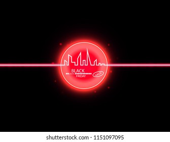 Black Friday in the City the Perfect Sale. White Ribbon Banner in Flat Style on a Black Background with an Abstract City Skyline with Loading Bar. Vector Illustration