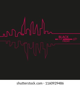 Black Friday in the City the Perfect Sale. White Ribbon Banner in Flat Style on a Black Background with an Abstract City Skyline with Loading Bar. Vector Illustration