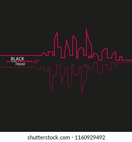 Black Friday in the City the Perfect Sale. White Ribbon Banner in Flat Style on a Black Background with an Abstract City Skyline with Loading heartsBar. Vector Illustration