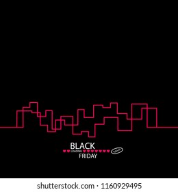 Black Friday in the City the Perfect Sale. White Ribbon Banner in Flat Style on a Black Background with an Abstract City Skyline with Loading heartsBar. Vector Illustration