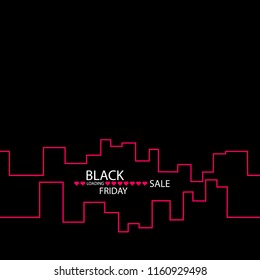 Black Friday in the City the Perfect Sale. White Ribbon Banner in Flat Style on a Black Background with an Abstract City Skyline. Vector Illustration