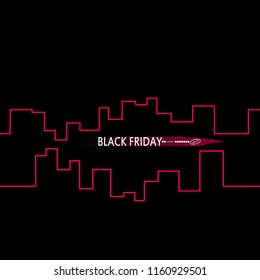 Black Friday in the City the Perfect Sale. White Ribbon Banner in Flat Style on a Black Background with an Abstract City Skyline. Vector Illustration