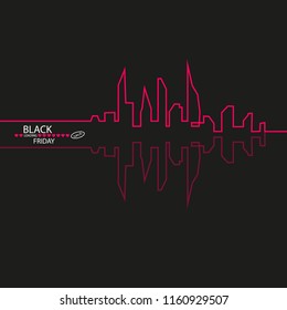 Black Friday in the City the Perfect Sale. White Ribbon Banner in Flat Style on a Black Background with an Abstract City Skyline with Loading heartsBar. Vector Illustration