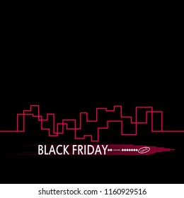 Black Friday in the City the Perfect Sale. White Ribbon Banner in Flat Style on a Black Background with an Abstract City Skyline. Vector Illustration