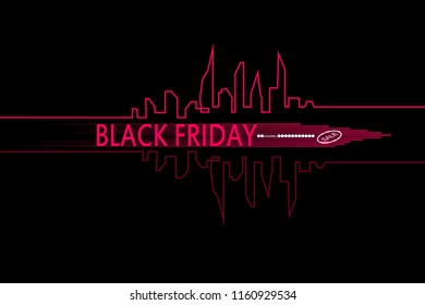 Black Friday in the City the Perfect Sale. White Ribbon Banner in Flat Style on a Black Background with an Abstract City Skyline. Vector Illustration