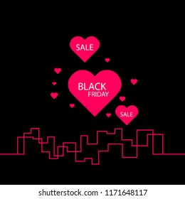 Black Friday in the City the Perfect Sale. White Ribbon Banner in Flat Style on a Black Background with an Abstract City Skyline and heart and text love. Vector Illustration