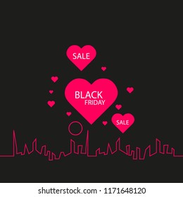 Black Friday in the City the Perfect Sale. White Ribbon Banner in Flat Style on a Black Background with an Abstract City Skyline and heart and text love. Vector Illustration