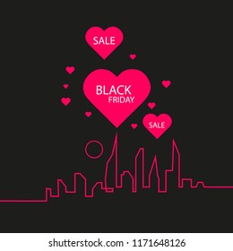 Black Friday in the City the Perfect Sale. White Ribbon Banner in Flat Style on a Black Background with an Abstract City Skyline and heart and text love. Vector Illustration