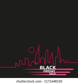 Black Friday in the City the Perfect Sale. White Ribbon Banner in Flat Style on a Black Background with an Abstract City Skyline. Vector Illustration