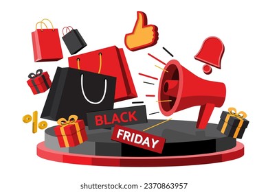 Black Friday clearance sale Illustration - Percentage Symbol, Gifts, Shopping Bags on Podium. Black Friday vector illustration.